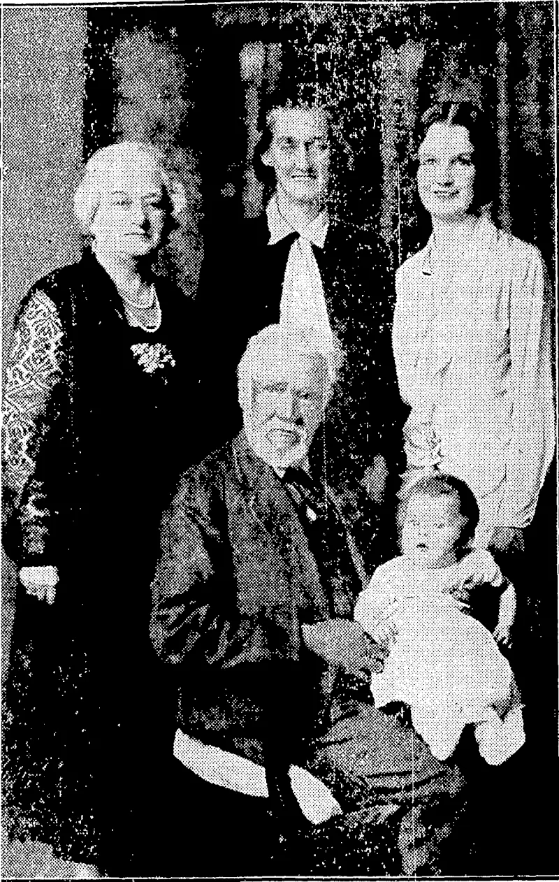A WELLINGTON FAMILY OF FIVE GENERATIONS"—%?? 11. °'£. Bennett, of Wellington,- ivho arrived fifty-five years ago from Jersey, • Channel Islands, and who is now ninety years old, nursing his great-great-granddaughter, Esme Joan Corleison. From left, Mrs. V. Jensen, daughter, Mrs. J. Downing, granddaughter, and Mrs. A. R, ... Corleison, great-granddaughter. (Evening Post, 26 March 1931)