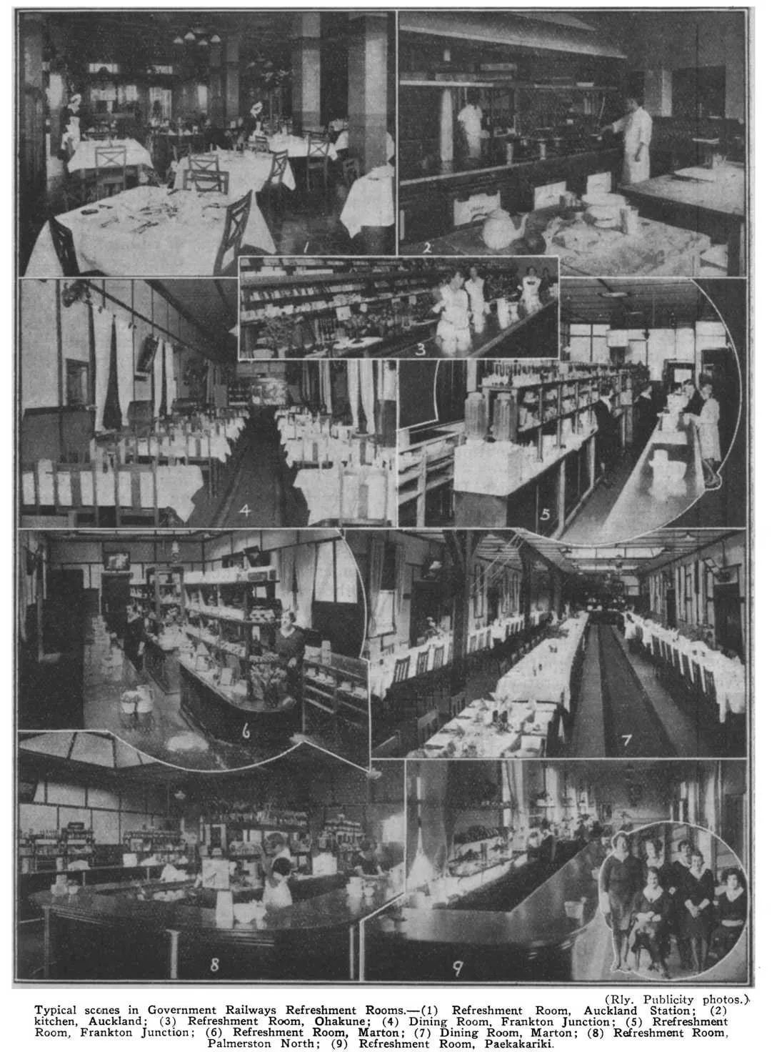 (Rly.Publicity Photos.) — Typical seenes in Government Railways Refreshment Rooms.—(1) Refreshment Room, Auckland Station; (2) kitchen, Auckland; (3) Refreshment Room, Ohakune; (4) Dining Room, Frankton Junction; (5) Rrefreshment Room, Frankton Junctio...
