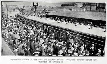 Image: Enthusiastic crowds at the Auckland railway station: Auckland's recruits depart for Trentham on October 12