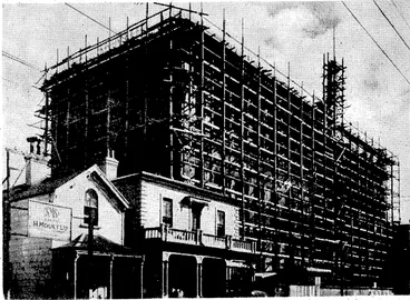 Image: Building activity in the-city is shown in these pictures. On the left is . the new Post and Telegraph D epartment building,; on the corner of Herd and Chaffers Streets, ivhich is to accommodate the accountants' branch of the G.P.O. and also to be used as a depot. Above is the new dental clinic building in Upper. Willis Street. (Evening Post, 25 March 1939)