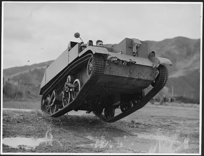 Bren Gun Carrier demonstration at the General Motors plant, Petone, Wellington, during World War II - Photograph taken by the Evening Post