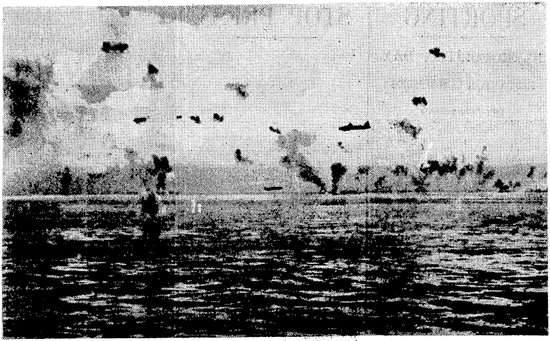 Japanese bombers approaching Guadalcanal Island. Bursts of anti-aircraft fire fill the air, through which weave a number of Japanese bombers. (Evening Post, 04 December 1942)