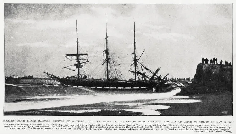 Dramatic South Island maritime disaster of 50 years ago: the wreck of the sailing ships Benvenue and City of Perth at Timaru on May 14, 1882