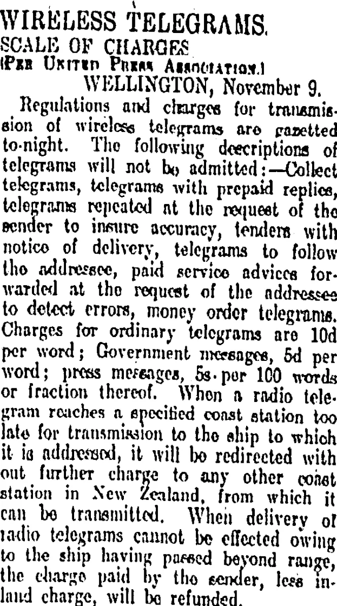 WIRELESS TELEGRAMS. (Otago Daily Times 10-11-1911)