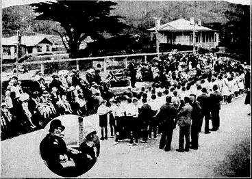 Image: Evening Post" Photo. KARORI SCHOOL CELEBRATES ITS SEVENTY-SIXTH BIRTHDAY.—Parents and pupils assembled yesterday in the grounds of ,Karori School to celebrate the seventy-sixth anniversary of the founding of the school. Mr. H. L. P.Dyett, chairman of the committee, is addressing the gathering. .Behind him is the bird bath which was unveiled by Sir Harold Beauchamp in memory of his daughter, Katherine Mansfield, once a pupil of the school. Inset, Mrs. Harriet Cole, the oldest ex-pupil attending the function. (Evening Post, 21 December 1933)