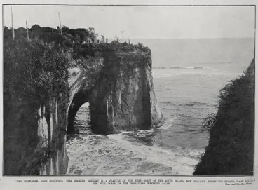 Image: THE BLOW-HOLE, CAPE FOULWIND: THIS STRIKING SCENERY IS A FEATURE OF THE WEST COAST OF THE SOUTH ISLAND, NEW ZEALAND, WHERE THE RUGGED COAST CATCHES THE FULL FORCE OF THE PREVAILING WESTERLY GALES