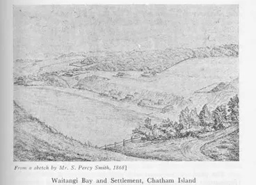 Image: From a sketch by Mr. S. Percy Smith, 1868] — Waitangi Bay and Settlement, Chatham Island