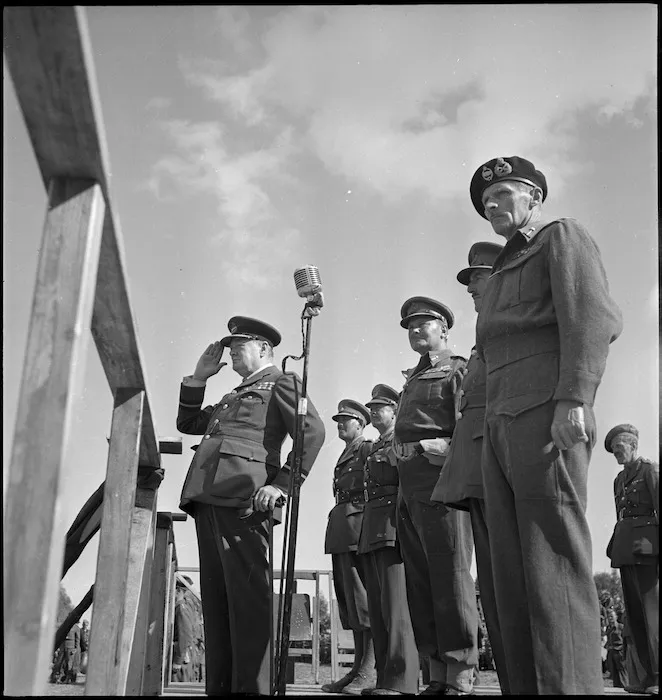 Winston Churchill takes the salute as New Zealand Division marches past in Tripoli, World War II - Photograph taken by H Paton