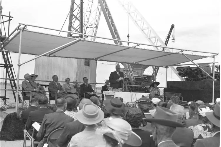 Unveiling the foundation stone for the Auckland Harbour Bridge, Westhaven, 1956