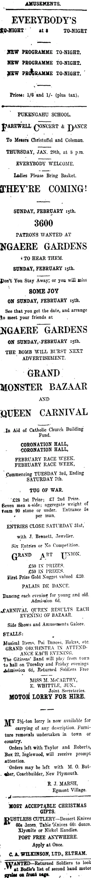 Page 1 Advertisements Column 1 (Taranaki Daily News 28-1-1920)