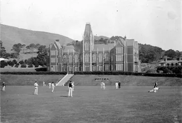 Image: Wellington College with cricket game in progress, [ca 1900]