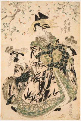The Courtesan Yuzurigi with two Kamuro, Ageha and Midori, viewing the cherry-blossom
