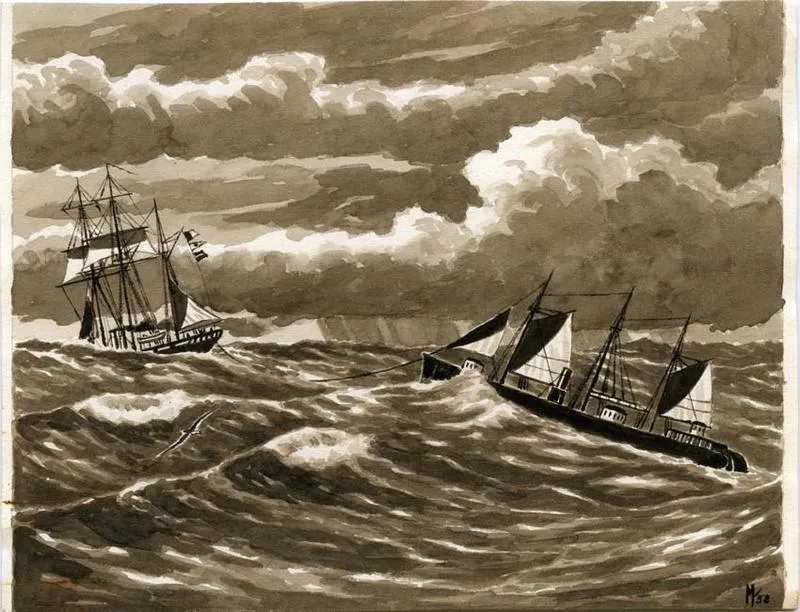 The River Gunboat "Pioneer" being towed across the Tasman by H.M.S Eclipse in September 1863.