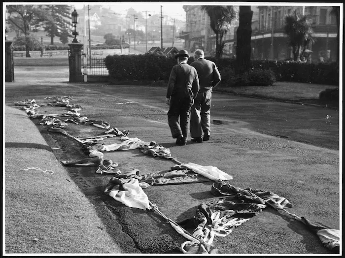 Flags laid out in preparation for VE day celebrations, Wellington