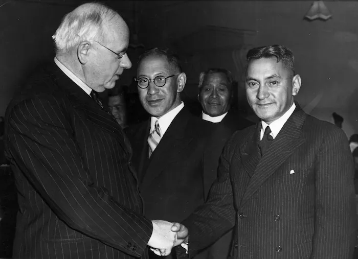 Peter Fraser greeting King Koroki Te Rata Mahuta Tawhiao Potatau Te Wherowhero