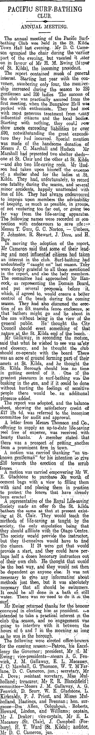PACIFIC SURF-BATHING CLUB. (Otago Daily Times 31-8-1911)
