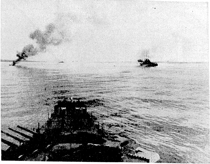 U.S. Office of War Information Photo, Burning enemy vessels and American cruisers and destroyers of the Third Fleet, under Admiral W. F. Halsey, off Mindanao, m the Philippines, The hurning ships were all that remained of a Japanese convoy of 32 vessels, all of which were destroyed. (Evening Post, 03 November 1944)