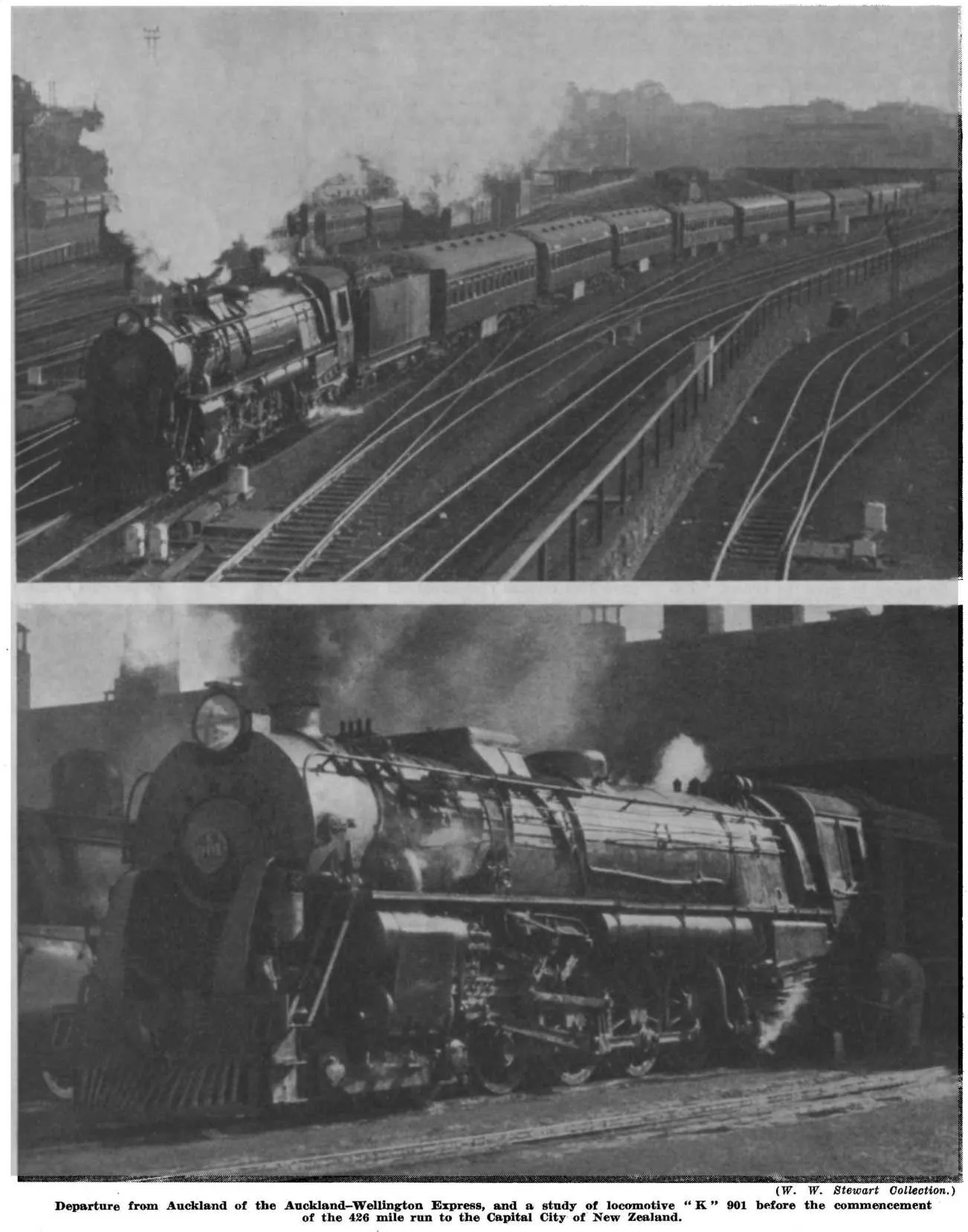 (W. W. Stewart Collection.) — Departure from Auckland of the Auckland-Wellington Express, and a study of locomotive “K” 901 before the commencement of the 426 mile run to the Capital City of New Zealand