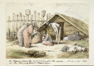 Image: [Strutt, William] 1825-1915 :A Maori family mourning for the dead in the New Plymouth Maori pah. Taranaki. 1855