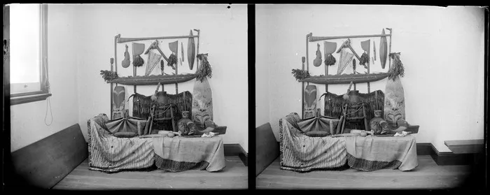 A group of Maori carvings and textiles, Napier