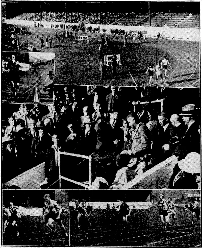 Evening Post" Photo. PROVINCIALATHLETIC(CHAMPIONSHIPSATATHLETICPARK.-^Mop,.t/le inter-dub championship relay race in process Centre, Mr. H D. Bennett.presentmg theA.C.Kitto Shield to Mr. J. Taylor, captain of the Kiwi Athletic cL, wilnerTof the^ompet twnfor the best appearance m opening parades throughout the season. Bottomleft, C. Jenkins (W.) winning the 100-yardschampion, * sV/rom /. ffa^fcort W and;F H' Stephemon (V.). Righf, finish of the,women's 100 yards cliampujnihip, Miss I. Kench (W.) beating Miss M. Lean (H. 8.) andMus A. Gibbs (Wai.). Inset top left, G. Prosser (Athletic) winning the itirte miles clmmpionship well • ' ahead of the field. . ■" , (Evening Post, 29 February 1932)
