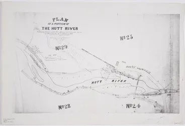 Image: Briscoe, Edward Villiers, 1824?-1899 :Plan of a portion of the Hutt River [copy of ms map]. Shewing the position of the river banks, and protection groins on Thursday the 10th of February 1876. [Signed] Edward V Briscoe, Govt surveyor.