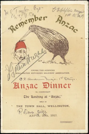 Image: Wellington Returned Soldiers' Association :Remember Anzac. Anzac dinner to commemorate the landing at "Anzac", held in the Town Hall Wellington on Arpil [April] 25th 1917. [Front cover]