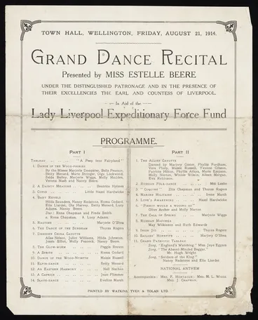 Image: Grand dance recital presented by Miss Estelle Beere. Town Hall Wellington, Friday August 21, 1914. Programme. Printed by Watkins, Tyer & Tolan Ltd [1914]