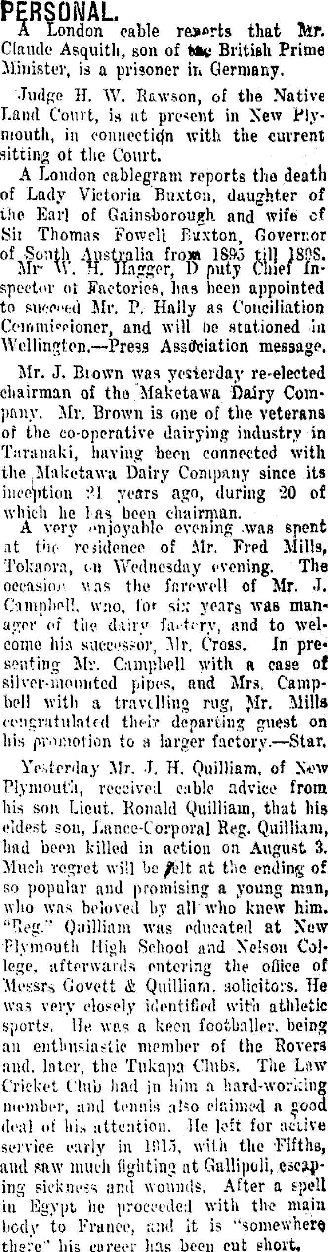 PERSONAL. (Taranaki Daily News 11-8-1916)