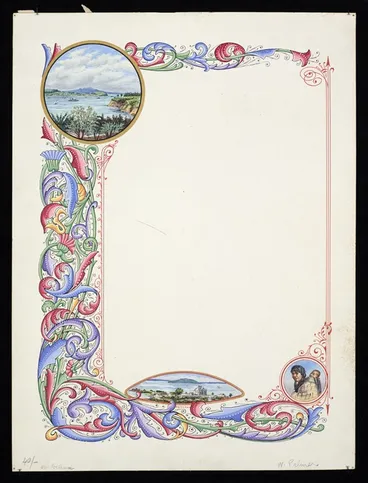 Image: [Palmer, Charles?], 1841?-1928 :[Decorative border of leaf design with scenic vignettes. 1900-1929?]