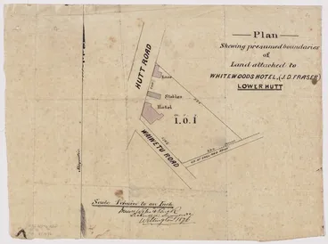 Image: Wyles & Buck (Surveyors) :Plan shewing presumed boundaries of land attached to Whitewoods Hotel (J. D. Fraser) Lower Hutt [ms map]. Messrs Wyles & Buck, licensed surveyors, Wellington, 1876