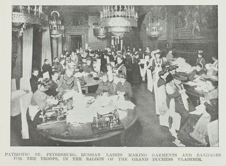 Patriotic St. Petersburg. Russian ladies making garments and bandages for the troops, in the saloon of the Grand Duchess Vladimir
