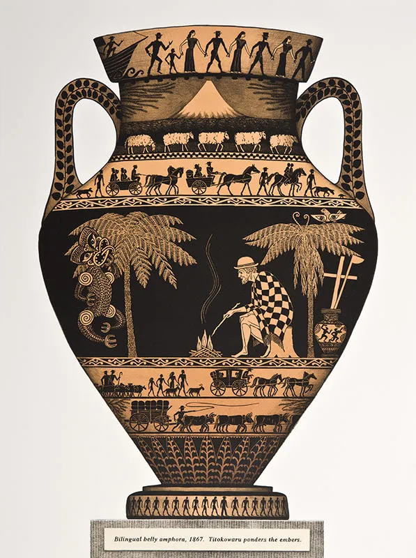 "Bilingual belly amphora, 1867. Titokowaru ponders the embers."
