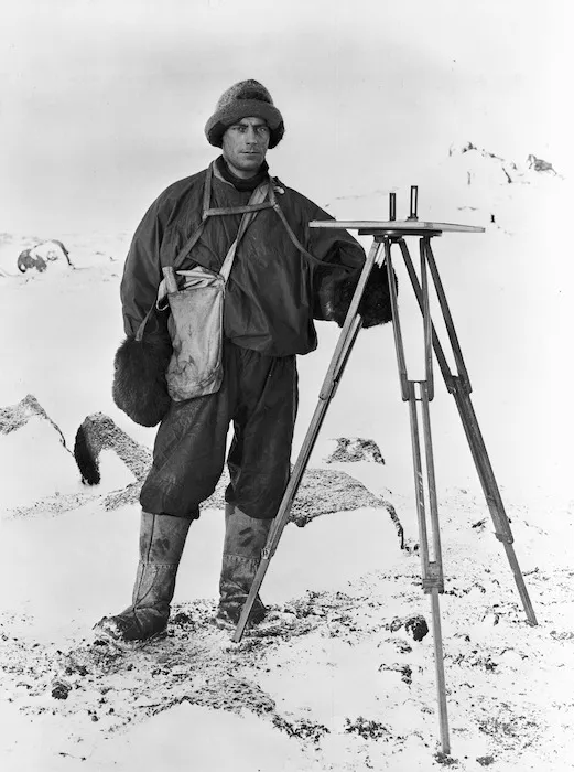 Frank Debenham and plane table, Antarctica