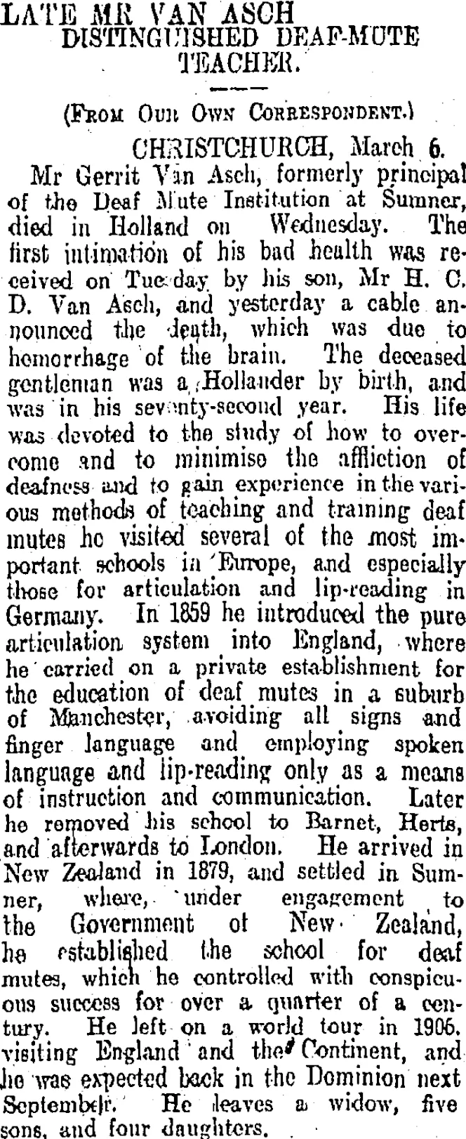LATE MR VAN ASCH. (Otago Daily Times 7-3-1908)