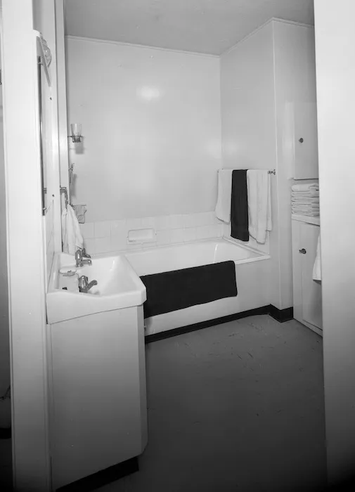 Bathroom interior, Herbert Gardens Flats, The Terrace, Wellington