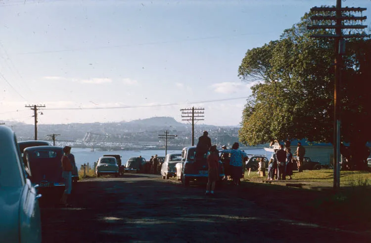 Pick-a-back operation under way, Auckland Harbour Bridge, 1958