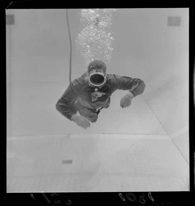 A diver from the Hutt Valley Drainage Board at Naenae Pool, Lower Hutt