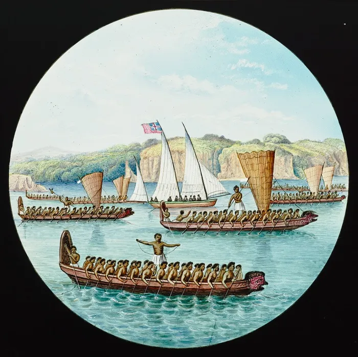 [Williams, Henry], 1792-1867. Attributed works :War canoes, New Zealand. [W E & F Newton, ca 1852-1857]