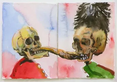 2 skeletons fighting over a fish (After Ensor)