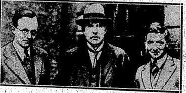 Image: THE MEN WHO SPLIT THE ATOM.-/W left, Dr. E. T. Walton, Lord Rutherford, and Dr. J. D. Cockroft, who recently carried -out valuable .experiments at'the Cavendish Laboratory, Cambridge. Lord Rutheiford, u,nder whom the experiments were carried out, stated^ that the atomic nucleus had been split by means of a vacuum tube, through which millions of. particles were fired at a speed of 10,000 . kilometres a second, The atom has been split, before, but in theseexperiments-greatly incr»ased energies were obtained from atoms ai they broke up. . l (Evening Post, 21 July 1932)