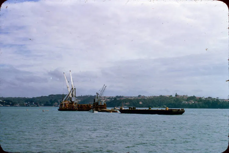 Barge and cranes, Waitematā Harbour, 1956