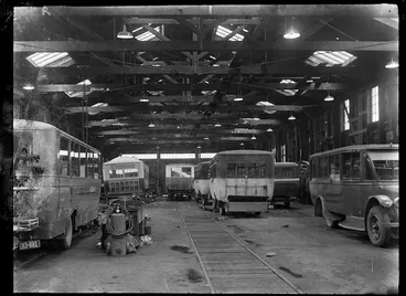 Image: New Zealand Railways buses in the Bus Shop at Petone Railway Workshops, 1928