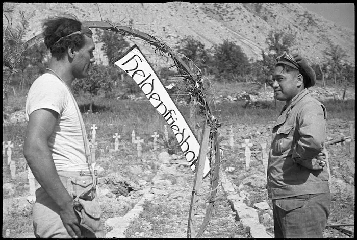 W Wiki and J T Anderson outside entrance to German war cemetry on the Cassino Front, Italy, World War II - Photograph taken by George Kaye