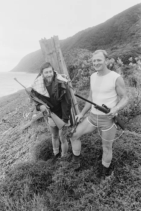 Kapiti Island opossum hunters, Geoff Alexander and Bob Cairns