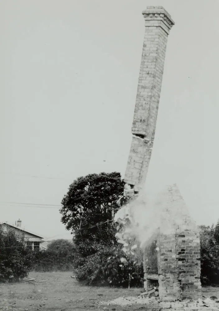 Falling chimney, Papatoetoe, 1970
