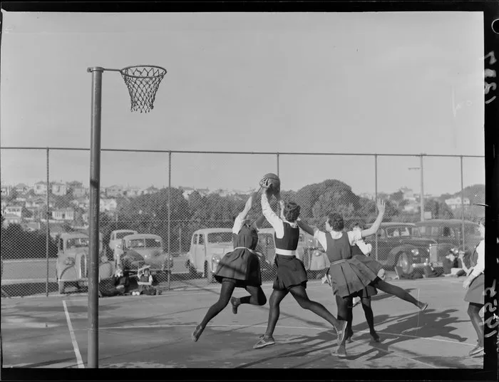 Tech Old Girls and St Mary's basketball teams playing netball, Wellington