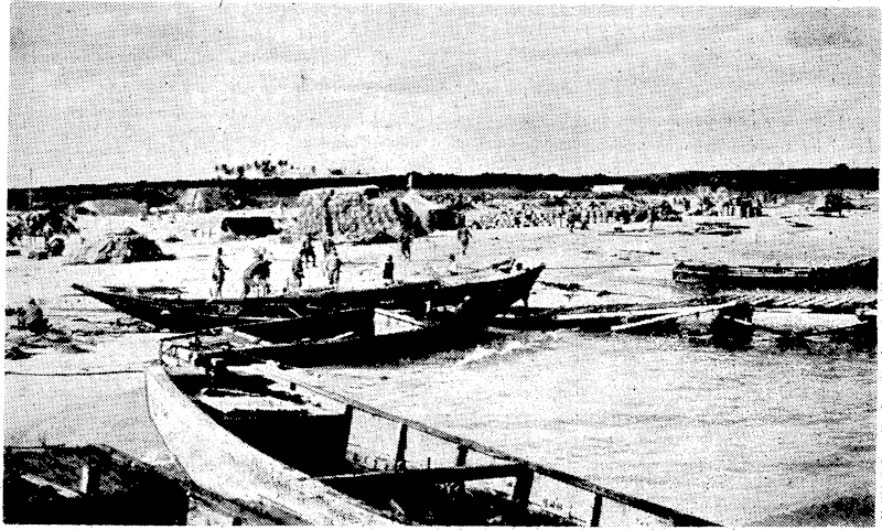 Some, of the small boats in which Japanese troops,, ivith their, ammunition and supplies,; crossed from the mainland to. Hainan Island, in Southern China. In the background is the dump where supplies ivere hastily stacked as they arrived on the. scene. (Evening Post, 24 April 1939)