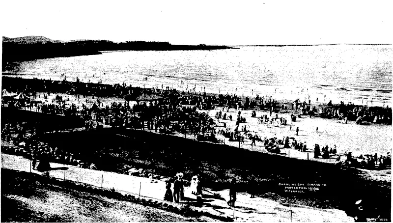 W. Ferrier, photo. OPENING- OF THE BAN© ROTUNDA AT CAROLINE BAY, TIMARtT, DECEMBER 23, 1904: A VIEW OF THE CROWD ON THE BEACH.  !*ig. 1.—Rirnitnar uniform of khaki Fig. 2.—Slimmer uniform, showing Fig. 3.—Ordinary great coat -with Fig. 4.—Sheeprikun waistcoat and Fig. 6.—Winter "oold-proof great Fig. 6.—A side view of tie winter  bill; forage cap -with cover and buttonless khaki drill coat and attached) hood, one side of skirt detachable "cold-proof hood. coat, witib sheepskin collar and "cold-proof" greet coat, —**>* as  tripartite falling neck flap. mosquito helmet over the head and buttoned up for marching. unloveable gloves; the skull cap Fig. 6.  forage cap. is attached to the collar.  THE RUSSO-JAPANESE WAR: TYPICAL EXAMPLES OP SUMMED A\*D WINTER CLOTHING, WHICH COMPOSE THE JAPANESE SOLDIER'S OUTFIT.  Prom the British Medical Journal) (Otago Witness, 01 February 1905)