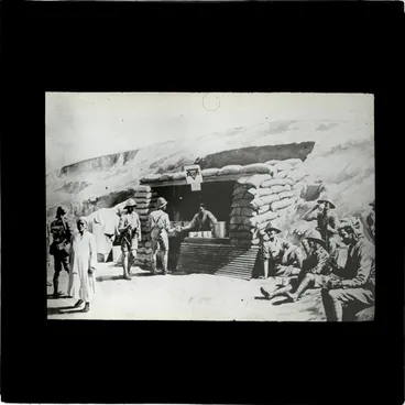 Image: Copy photo of painting of soldiers and locals at sandbagged YMCA Canteen, Palestine